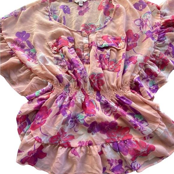 {Candies} Floral Sheer Ruffle Sleeve Elastic Waist Blouse - Picture 5 of 6